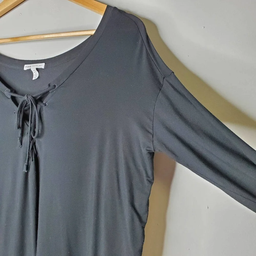 PINK Super Soft Tie Front Long Sleeve Tee Black S